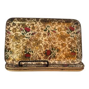 Vintage Highmount Paper Mache Lacquer Snack Dresser Trays 3 Floral Alcohol Proof